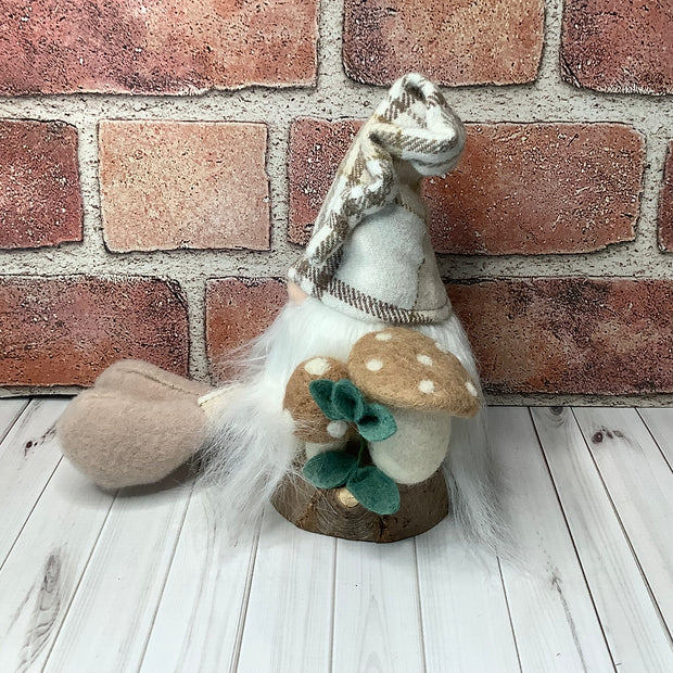Cedar/Gnome with Autumn Plaid Hat, Mushrooms & flora on Natural Wood Base