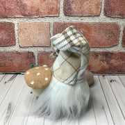 Cedar/Gnome with Autumn Plaid Hat, Mushrooms & flora on Natural Wood Base