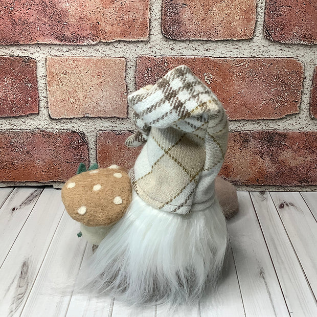 Cedar/Gnome with Autumn Plaid Hat, Mushrooms & flora on Natural Wood Base