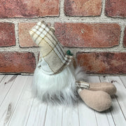 Cedar/Gnome with Autumn Plaid Hat, Mushrooms & flora on Natural Wood Base