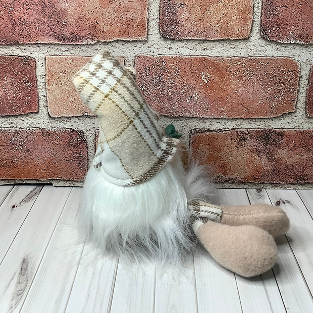 Cedar/Gnome with Autumn Plaid Hat, Mushrooms & flora on Natural Wood Base