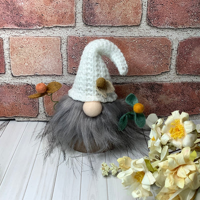 Lou/White Knit Hat Gnome & Flora on Natural Wood Base