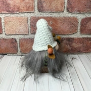 Lou/White Knit Hat Gnome & Flora on Natural Wood Base