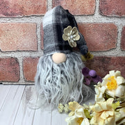 Finley/Black & White Plaid Hat Gnome & Flora on Natural Wood Base