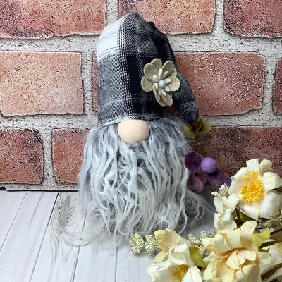 Finley/Black & White Plaid Hat Gnome & Flora on Natural Wood Base