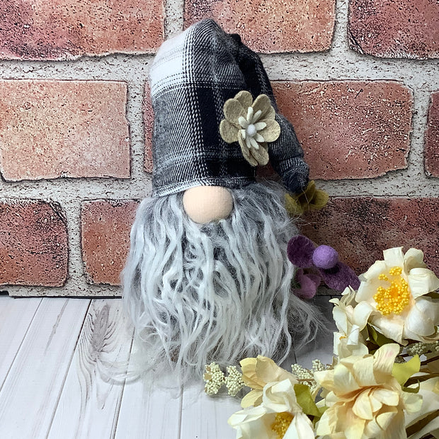Finley/Black & White Plaid Hat Gnome & Flora on Natural Wood Base