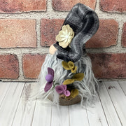 Finley/Black & White Plaid Hat Gnome & Flora on Natural Wood Base