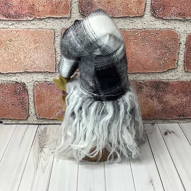 Finley/Black & White Plaid Hat Gnome & Flora on Natural Wood Base