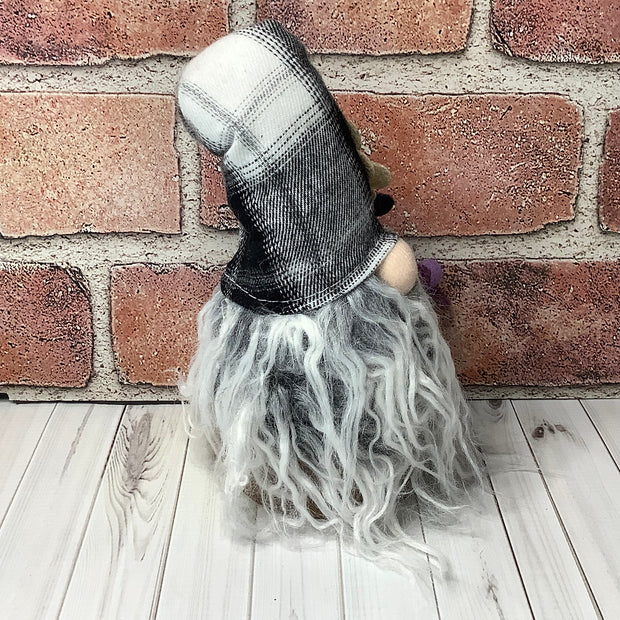 Finley/Black & White Plaid Hat Gnome & Flora on Natural Wood Base