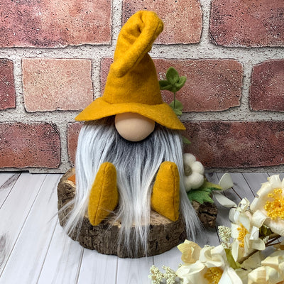 Pippin/Mustard Hat Gnome, Pumpkins & Flora on Natural Wood Base