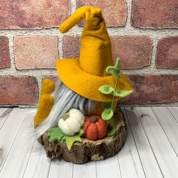 Pippin/Mustard Hat Gnome, Pumpkins & Flora on Natural Wood Base