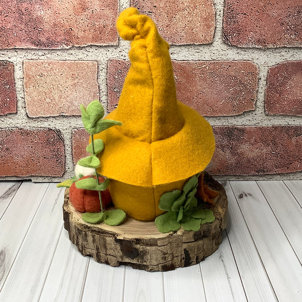 Pippin/Mustard Hat Gnome, Pumpkins & Flora on Natural Wood Base