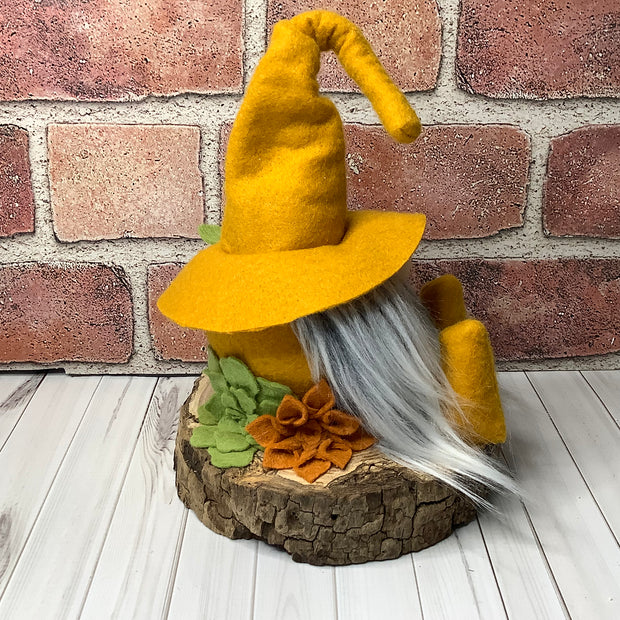 Pippin/Mustard Hat Gnome, Pumpkins & Flora on Natural Wood Base