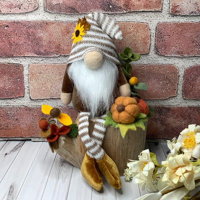 Archie/Striped Hat Gnome with Pumpkins & Flora on Natural Wood Base