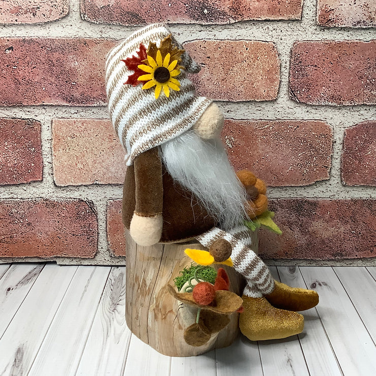 Archie/Striped Hat Gnome with Pumpkins & Flora on Natural Wood Base