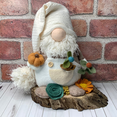 Hobbs/Gnome in his Favorite Cream Overalls, with a Pumpkin & Flora on Natural Wood Base