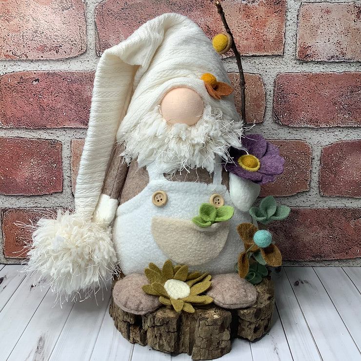 Ezra/Gnome in his Favorite Cream Overalls, Acorn Lantern & Flora on Natural Wood Base