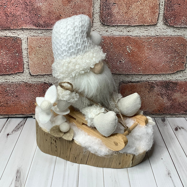 Winter White Gnome with Sled on Natural Wood Base/Christmas