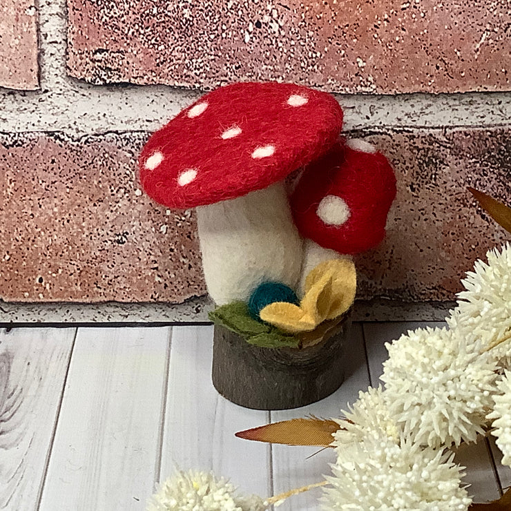 Routt/Red Mushrooms & Flora on Natural Wood Base