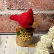 Mini Russet & Persimmon Flower Garden with Cardinal on Natural Wood Base