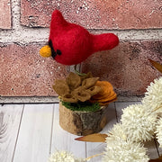Mini Russet & Persimmon Flower Garden with Cardinal on Natural Wood Base