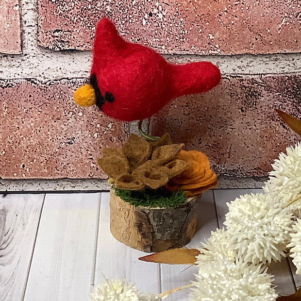 Mini Russet & Persimmon Flower Garden with Cardinal on Natural Wood Base