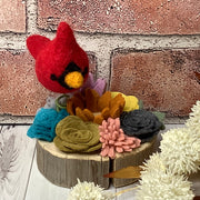 Dumont/Felted Wool Flower Garden with Cardinal on Natural Wood Base