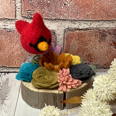 Dumont/Felted Wool Flower Garden with Cardinal on Natural Wood Base
