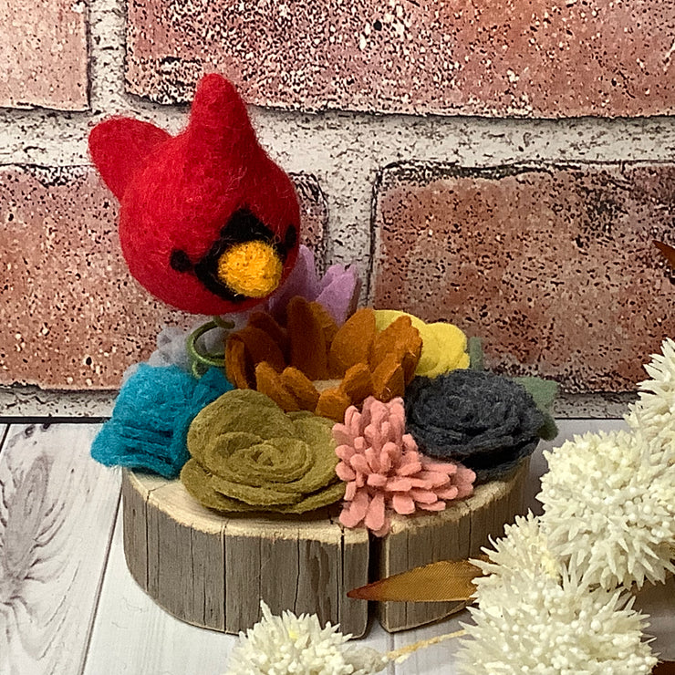 Dumont/Felted Wool Flower Garden with Cardinal on Natural Wood Base