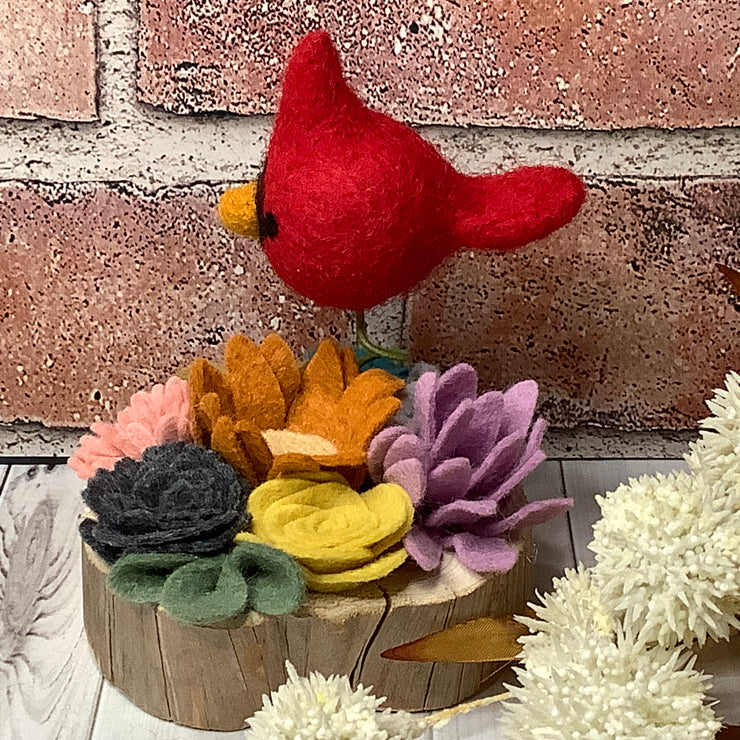 Dumont/Felted Wool Flower Garden with Cardinal on Natural Wood Base