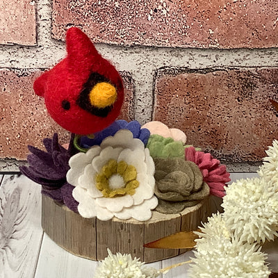 Baca/Felted Wool Flower Garden with Cardinal on Natural Wood Base