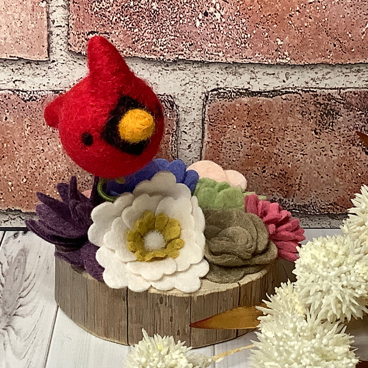 Baca/Felted Wool Flower Garden with Cardinal on Natural Wood Base