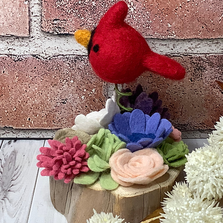 Baca/Felted Wool Flower Garden with Cardinal on Natural Wood Base