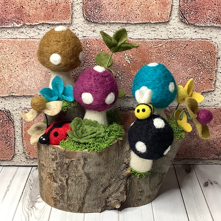 Logan/Mushroom Garden, Ladybug, Bee & Flora on Natural Wood Base