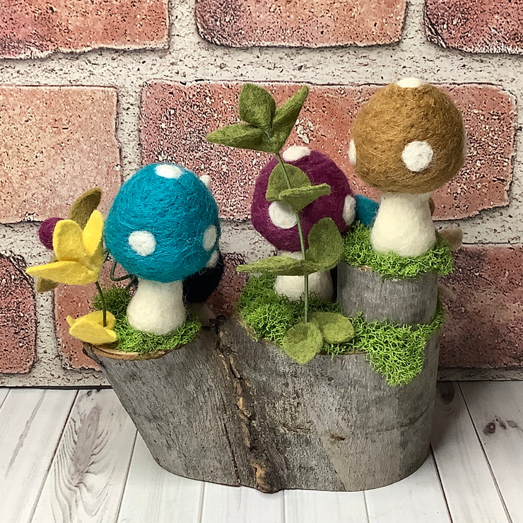 Logan/Mushroom Garden, Ladybug, Bee & Flora on Natural Wood Base