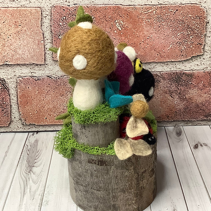 Logan/Mushroom Garden, Ladybug, Bee & Flora on Natural Wood Base