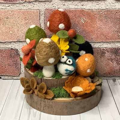 Crowley/Autumn Mushroom Garden, Frog & Flora on Natural Wood Base