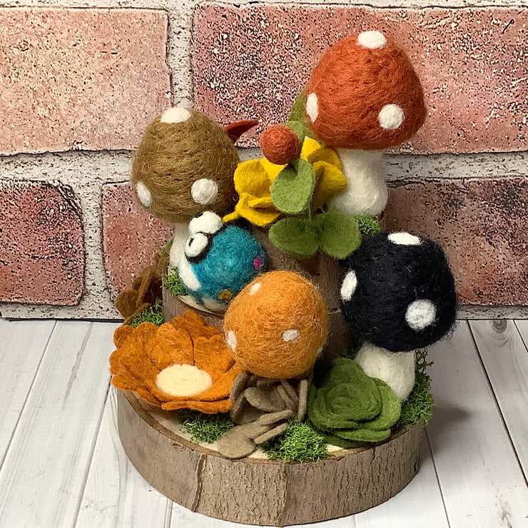 Crowley/Autumn Mushroom Garden, Frog & Flora on Natural Wood Base