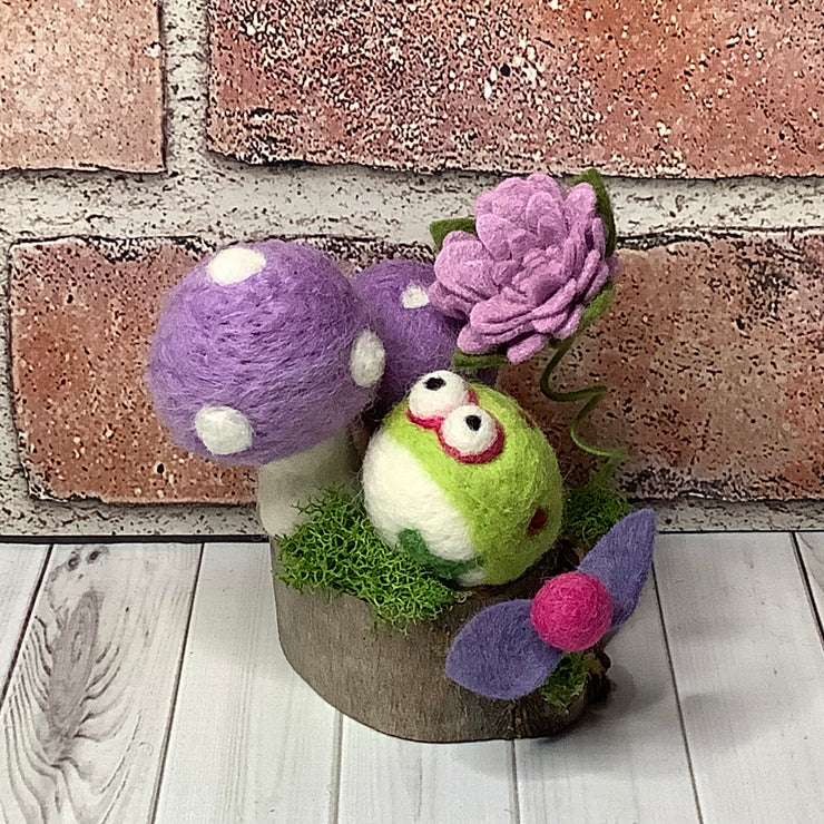 Montrose/Mushroom Garden, Frog & Flora on Natural Wood Base