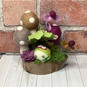 Hugo/Mushroom Garden, Frog & Flora on Natural Wood Base