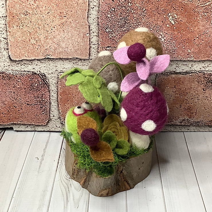 Hugo/Mushroom Garden, Frog & Flora on Natural Wood Base