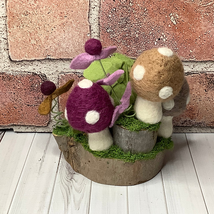 Hugo/Mushroom Garden, Frog & Flora on Natural Wood Base
