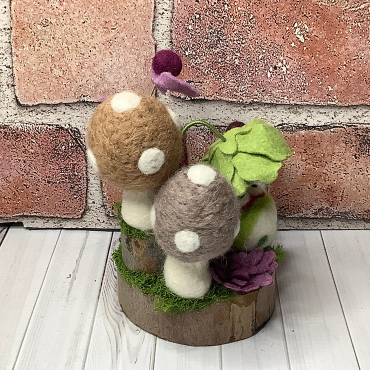 Hugo/Mushroom Garden, Frog & Flora on Natural Wood Base