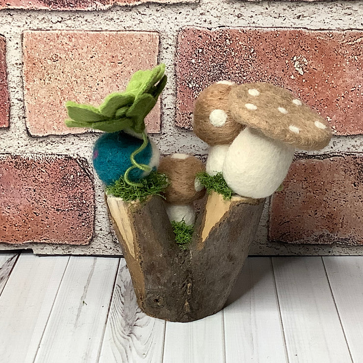 Hooper/Mushroom Garden, Frog & Flora on Natural Wood Base