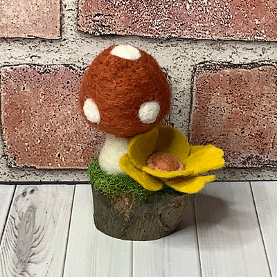 Russet Mushroom & Flora on Natural Wood Base