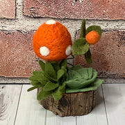 Orange Mushroom & Flora on Natural Wood Base