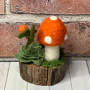 Orange Mushroom & Flora on Natural Wood Base