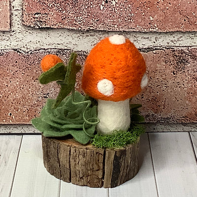 Orange Mushroom & Flora on Natural Wood Base