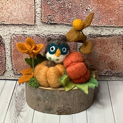Limon/Pumpkin Garden with Owl & Flora on Natural Wood Base