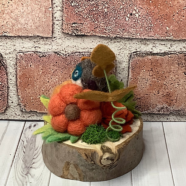 Limon/Pumpkin Garden with Owl & Flora on Natural Wood Base
